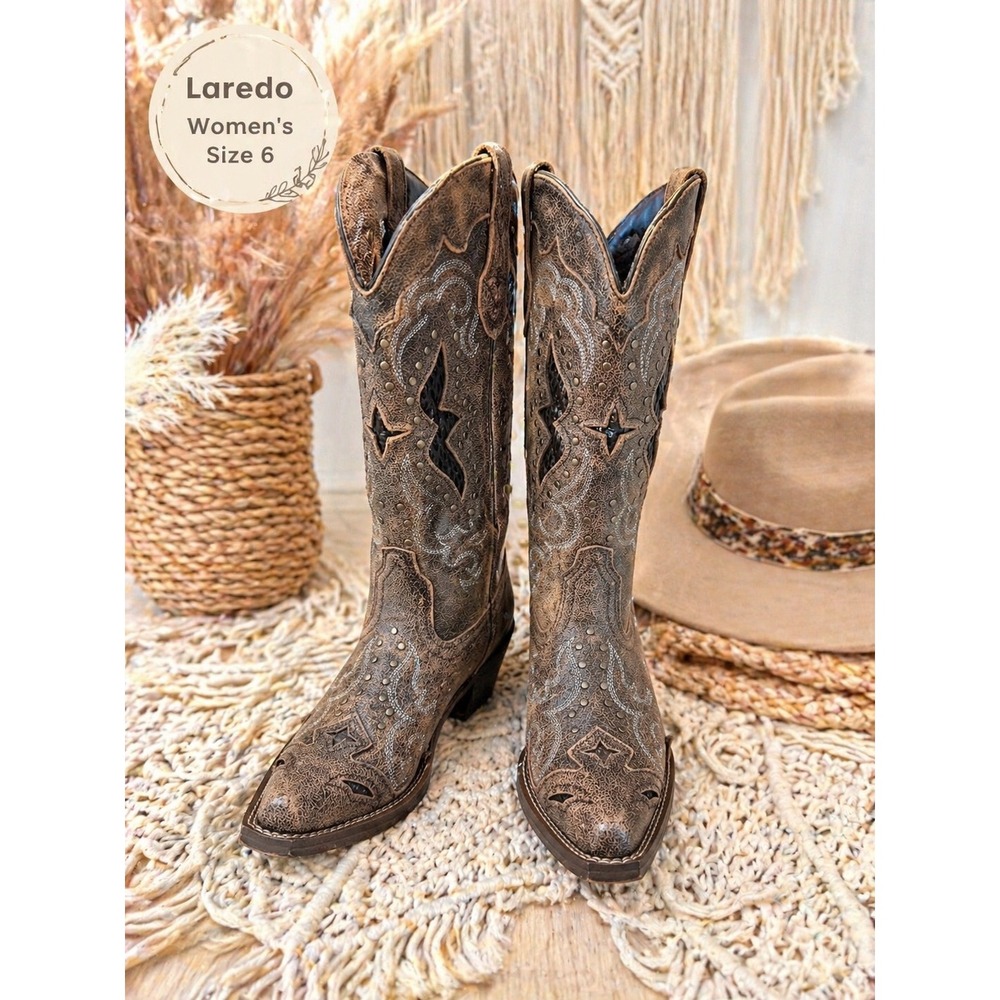 Laredo Snip Toe Cowboy Boots Sz 6 Brown Leather Studded Western Festival Rustic